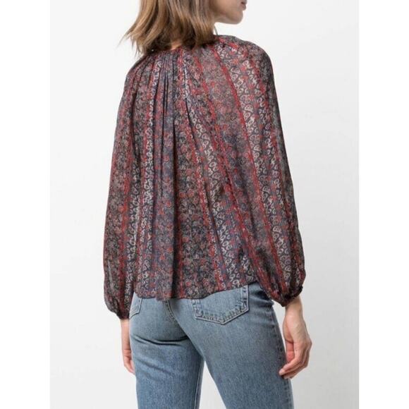 Ulla Johnson Women's Navy Red Floral Print Deetra Silk Peasant Blouse Size 6 - Picture 5 of 16